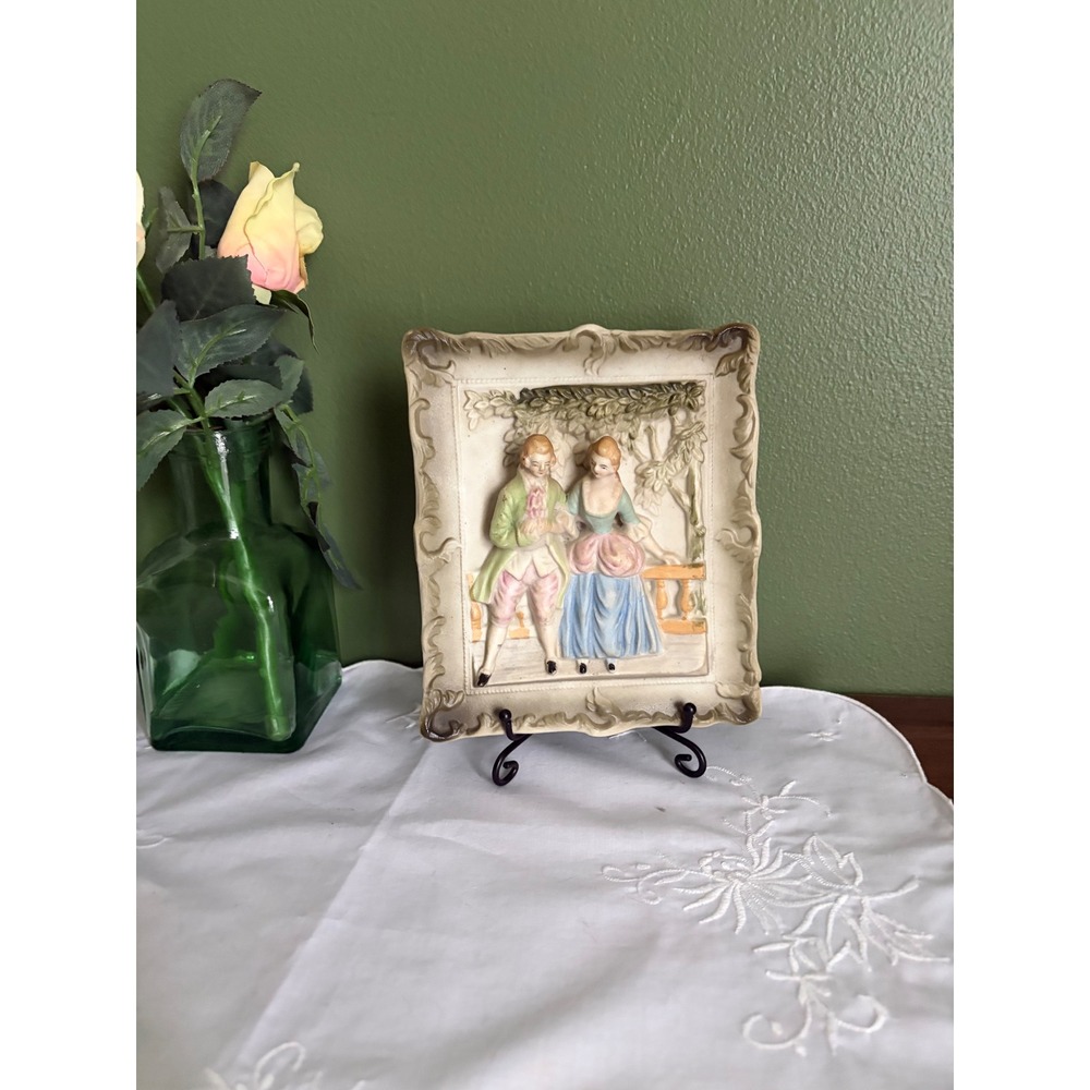 Vintage Bisque Porcelain Courting Couple Plaque, 3D Wall Decor